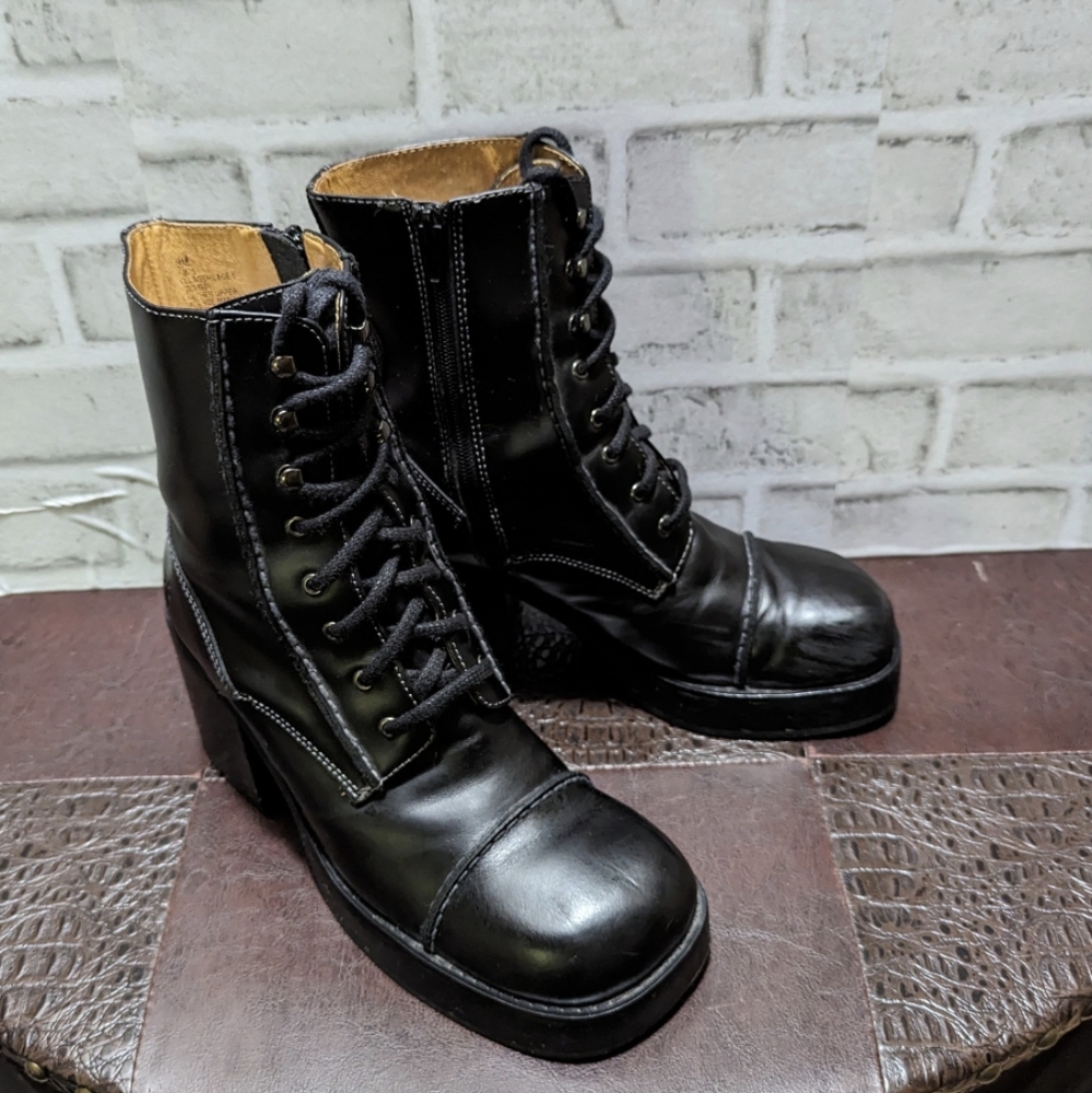 Frye Vintage Y2K Villager Boot Lace Up Zip Stitch 70's Chunky Heel Black Size 9 - Picture 15 of 16